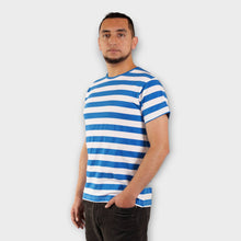Cargar imagen en el visor de la galería, Camiseta de Rayas Azul Rey y Blancas para Hombre (Lado)