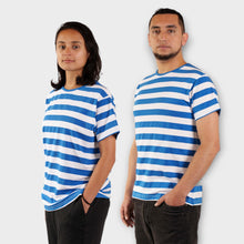 Cargar imagen en el visor de la galería, Camiseta de Rayas Azul Rey y Blancas para Hombre y Mujer.