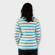 Cargar imagen en el visor de la galería, Buzo de Rayas Azules Aguamarina y Blancas para Mujer (Espalda)
