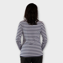 Cargar imagen en el visor de la galería, Buzo de Rayas Azules con Blanco para Mujer de espalda
