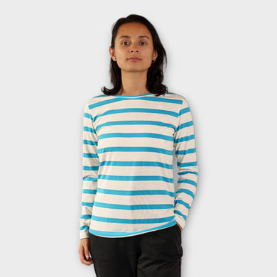 Buzo de Rayas Azules Aguamarina y Blancas para Mujer (Frente)