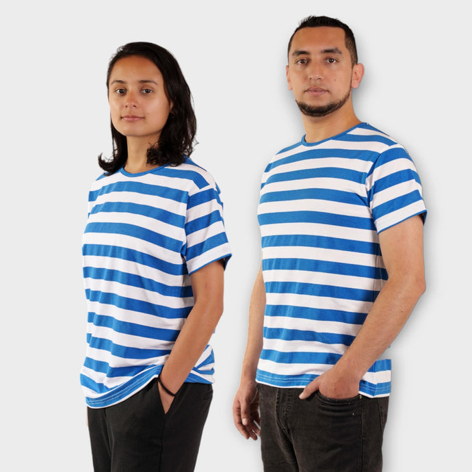 Camiseta de Rayas Azul Rey y Blancas para Hombre y Mujer.
